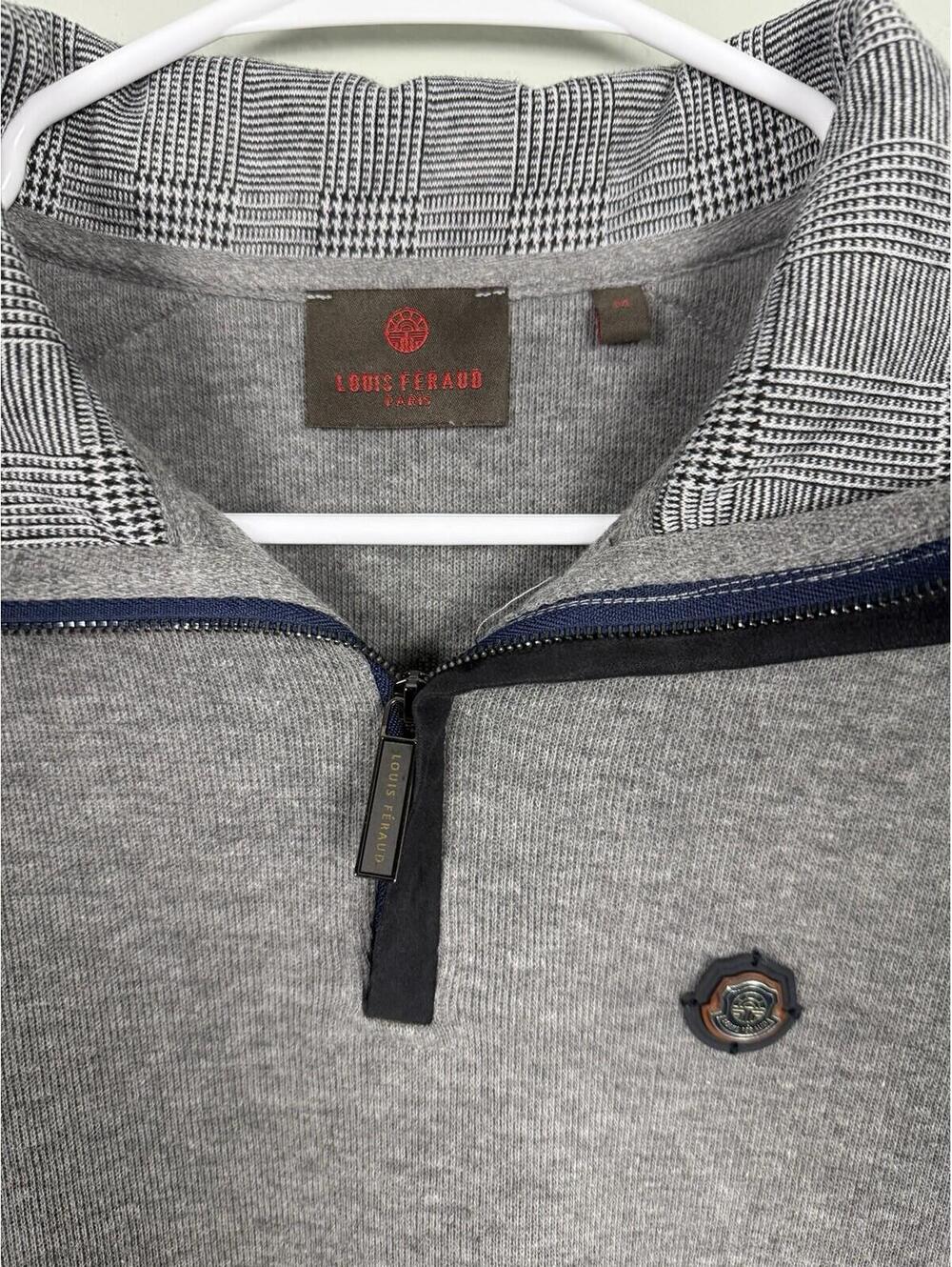 Louis Feraud Paris Men's Gray 1/4 Zip Sweater Glen Plaid Collar Size M - Picture 2 of 5
